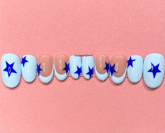 Light Blue French Tips with Dark Blue Stars | Press on Nails UK | Stick on Nails | Reusable | Customised | Handmade | Set of 10
