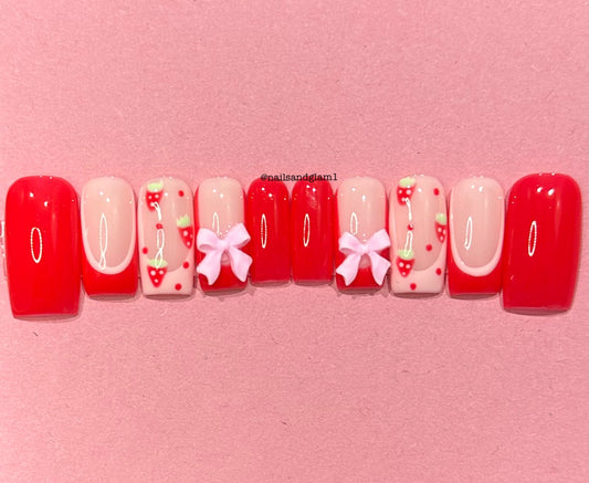 Red & Pink French Tips with Strawberries & Bows | Press on Nails UK | Stick on Nails | Reusable | Customised | Handmade | Set of 10