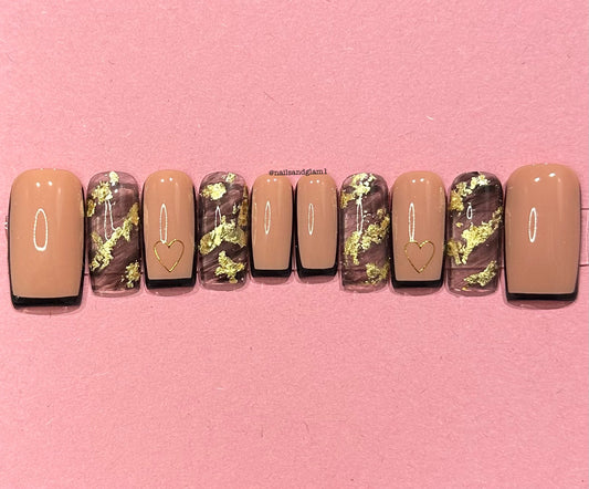 Nude Nails with Black Marble, Gold Flakes & Straight French Tips | Press on Nails UK | Stick on Nails | Reusable | Customised | Handmade | Set of 10