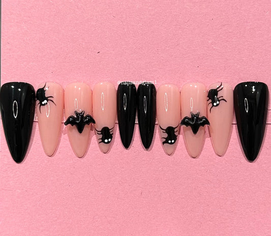 Black Nails with Spiders & Bat Charms | Halloween Nails | Press on Nails UK | Stick on Nails | Reusable | Customised | Handmade | Set of 10