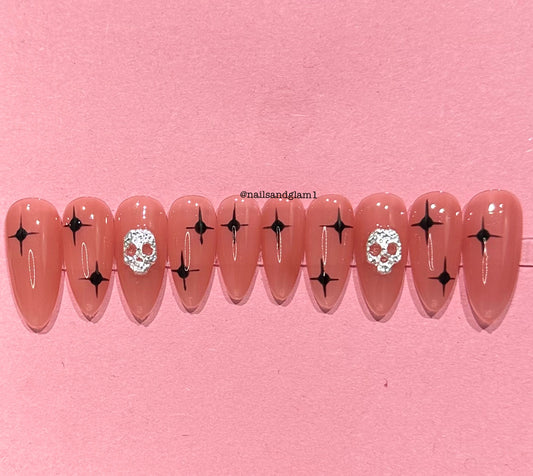 Nude Nails with Black Stars & Skulls | Halloween Nails | Press on Nails UK | Stick on Nails | Reusable | Customised | Handmade | Set of 10
