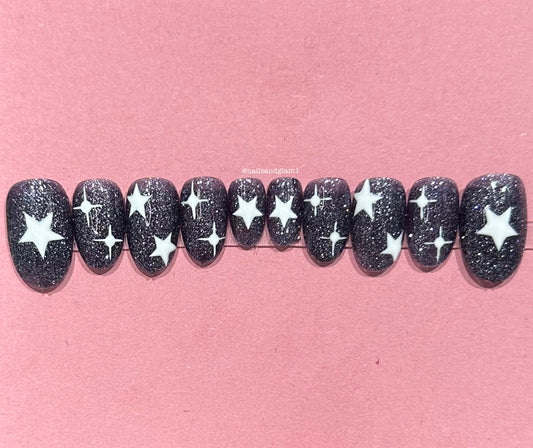 Black Glitter Nails with Stars | Halloween Nails | Press on Nails UK | Stick on Nails | Reusable | Customised | Handmade | Set of 10