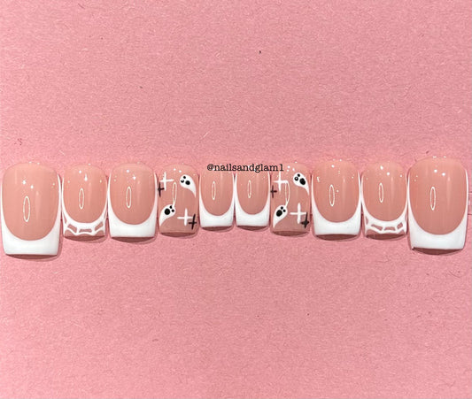 White French Tips with Ghosts & Webs | Halloween Nails | Press on Nails UK | Stick on Nails | Reusable | Customised | Handmade | Set of 10