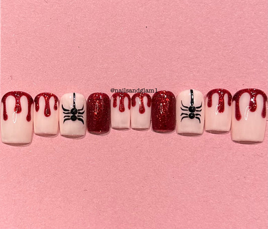 Red Glitter Blood Drips with Spiders | Halloween Nails | Press on Nails UK | Stick on Nails | Reusable | Customised | Handmade | Set of 10