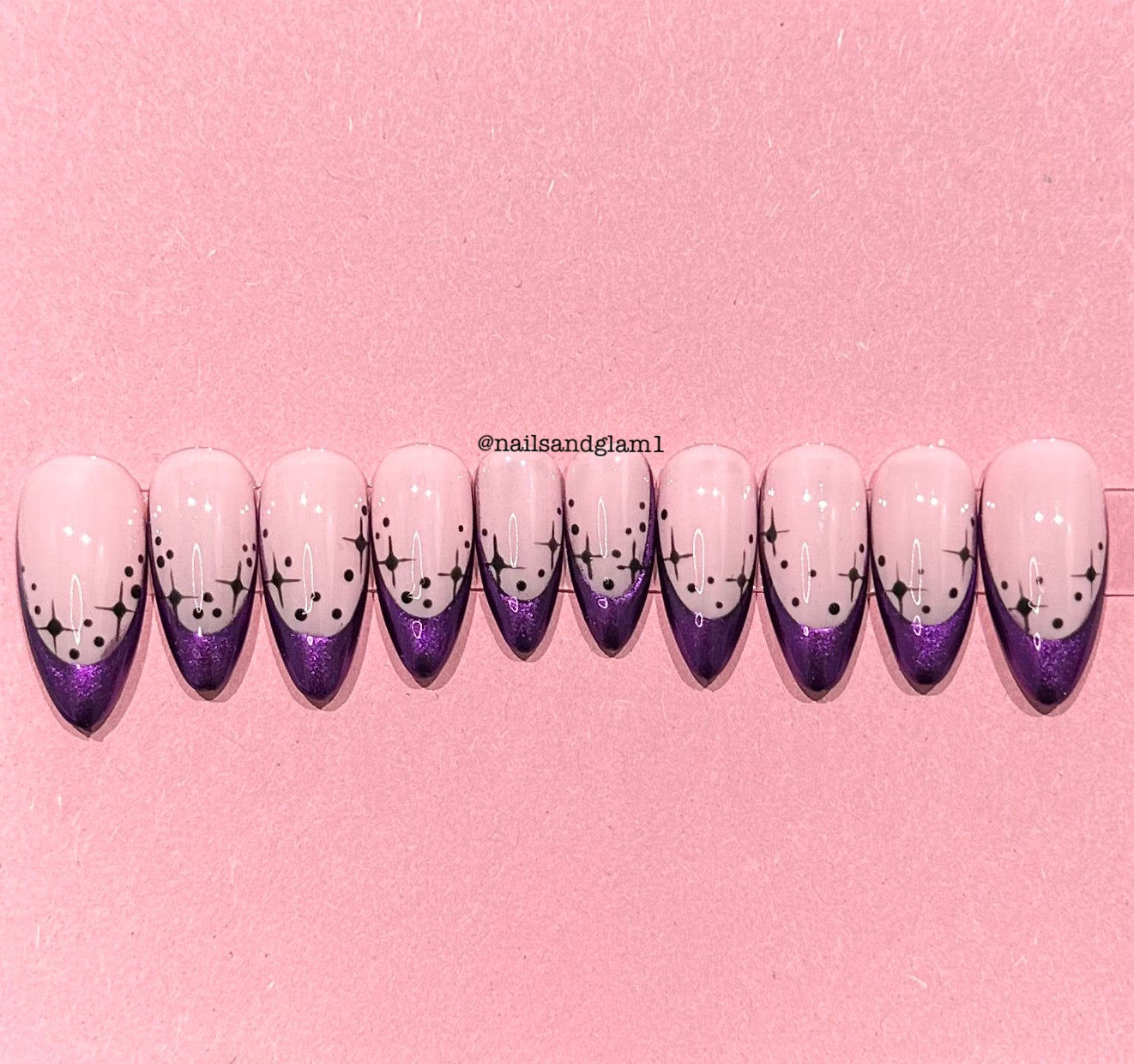 Purple Chrome French Tips with Black Stars | Press on Nails UK | Stick on Nails | Reusable | Customised | Handmade | Set of 10