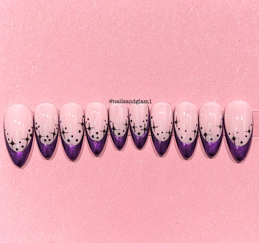 Purple Chrome French Tips with Black Stars | Press on Nails UK | Stick on Nails | Reusable | Customised | Handmade | Set of 10
