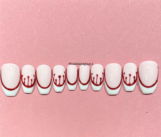 White French Tips with Red Glitter Outline & Blood Drips | Halloween Nails | Press on Nails UK | Stick on Nails | Reusable | Customised | Handmade | Set of 10