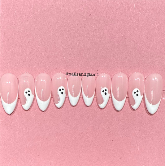 White French Tips with Ghosts | Halloween Nails | Press on Nails UK | Stick on Nails | Reusable | Customised | Handmade | Set of 10