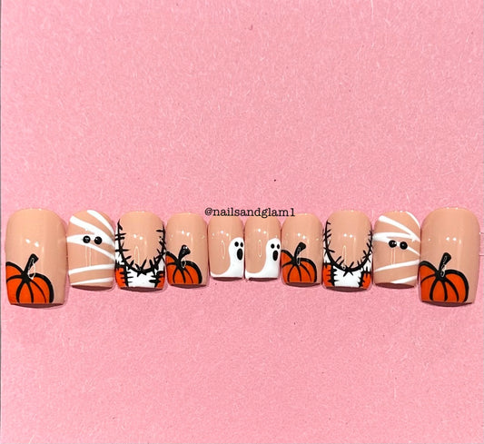 Orange Pumpkin, French Tips & Ghost Nails | Halloween Nails | Press on Nails UK | Stick on Nails | Reusable | Customised | Handmade | Set of 10