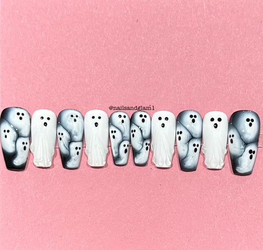 White Ghost Nails | Halloween Nails | Press on Nails UK | Stick on Nails | Reusable | Customised | Handmade | Set of 10