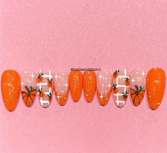 Orange Glitter Nails with Pumpkins, French Tips & Stars | Halloween Nails | Press on Nails UK | Stick on Nails | Reusable | Customised | Handmade | Set of 10