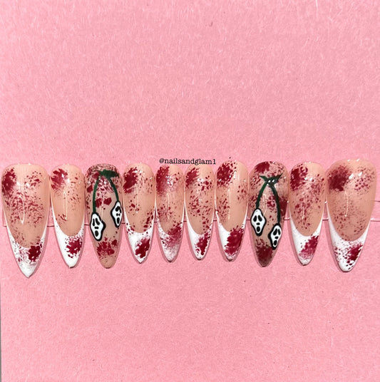 White French Tips with Blood Splats & Ghost Cherries | Halloween Nails | Press on Nails UK | Stick on Nails | Reusable | Customised | Handmade | Set of 10