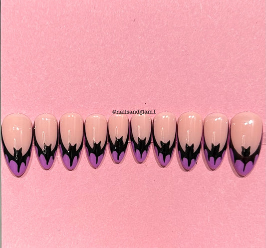 Purple French Tips with Black Bats | Halloween Nails | Press on Nails UK | Stick on Nails | Reusable | Customised | Handmade | Set of 10