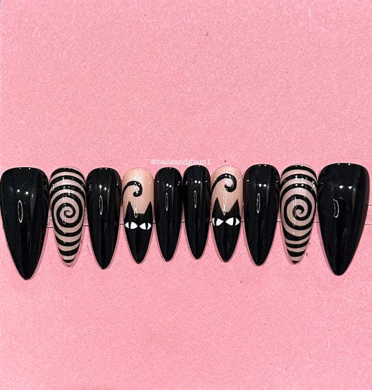 Black Cat "Coraline" Inspired Nails | Halloween Nails | Press on Nails UK | Stick on Nails | Reusable | Customised | Handmade | Set of 10