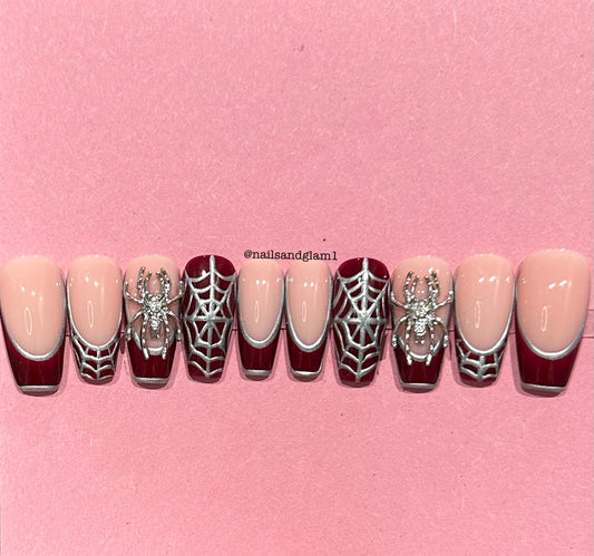 Red French Tips with Silver Webs & Spiders | Halloween Nails | Press on Nails UK | Stick on Nails | Reusable | Customised | Handmade | Set of 10