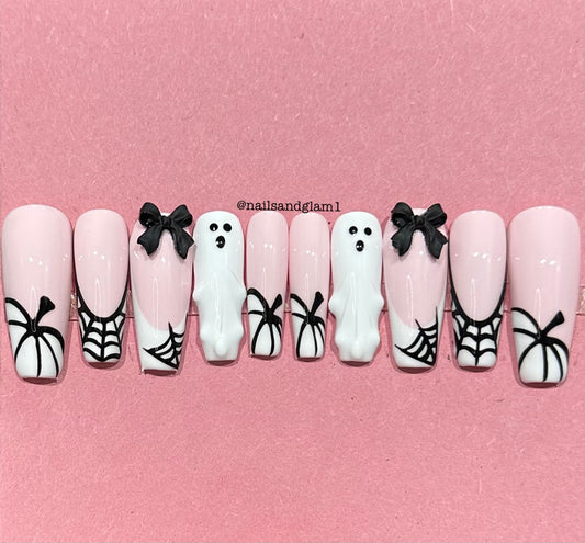 White French Tips with Pumpkins, Ghosts & Webs | Halloween Nails | Press on Nails UK | Stick on Nails | Reusable | Customised | Handmade | Set of 10