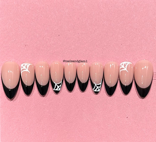 Black French Tips with White Webs | Halloween Nails | Press on Nails UK | Stick on Nails | Reusable | Customised | Handmade | Set of 10