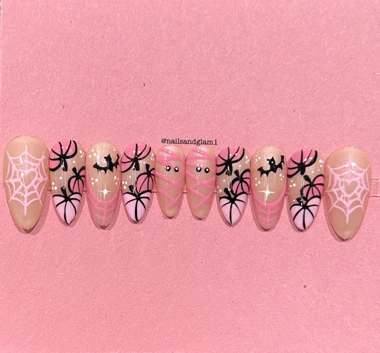 Pink Web & Pumpkin Nails with Stars | Halloween Nails | Press on Nails UK | Stick on Nails | Reusable | Customised | Handmade | Set of 10