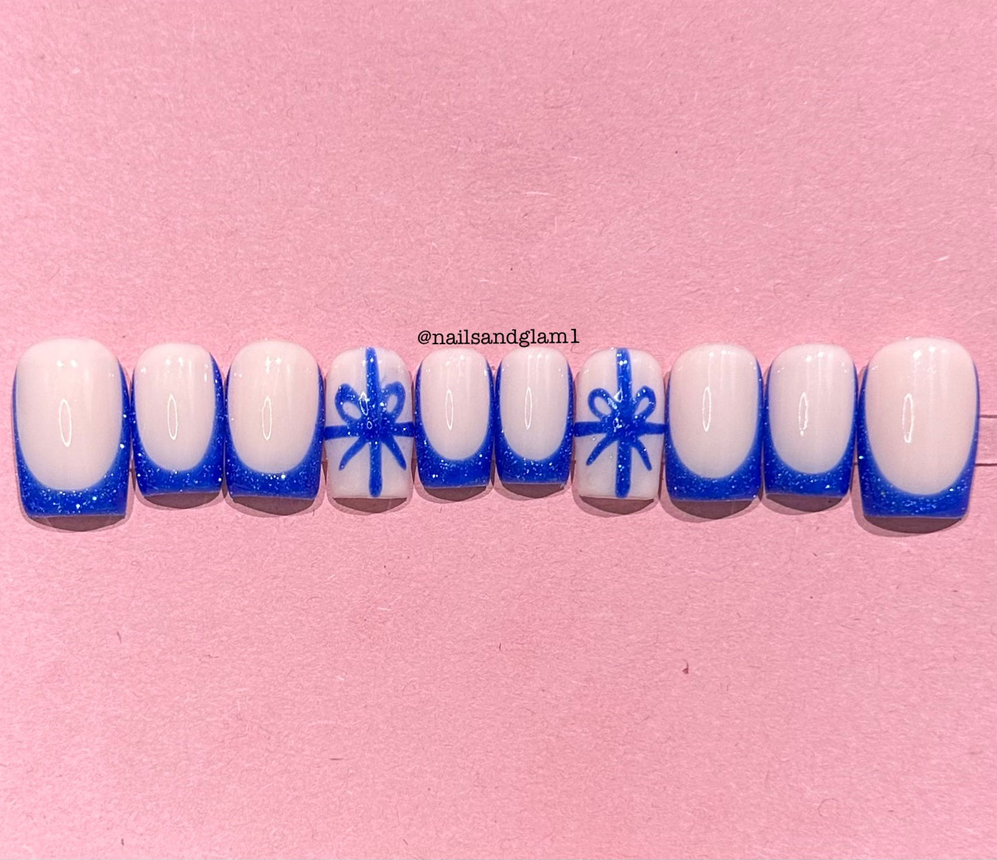 Blue Glitter French Tips with Bows | Christmas Nails | Press on Nails UK | Stick on Nails | Reusable | Customised | Handmade | Set of 10