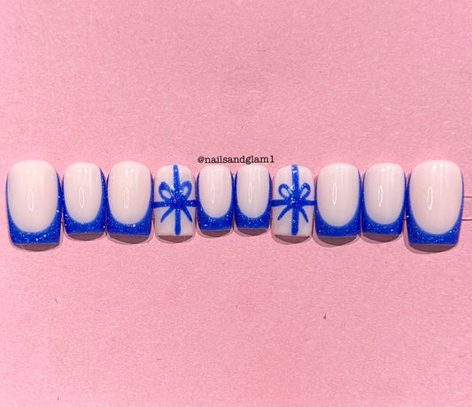 Blue Glitter French Tips with Bows | Christmas Nails | Press on Nails UK | Stick on Nails | Reusable | Customised | Handmade | Set of 10