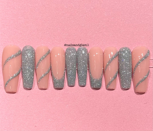 Silver Reflective Glitter with French Tips & Swirls | Christmas Nails | Press on Nails UK | Stick on Nails | Reusable | Customised | Handmade | Set of 10