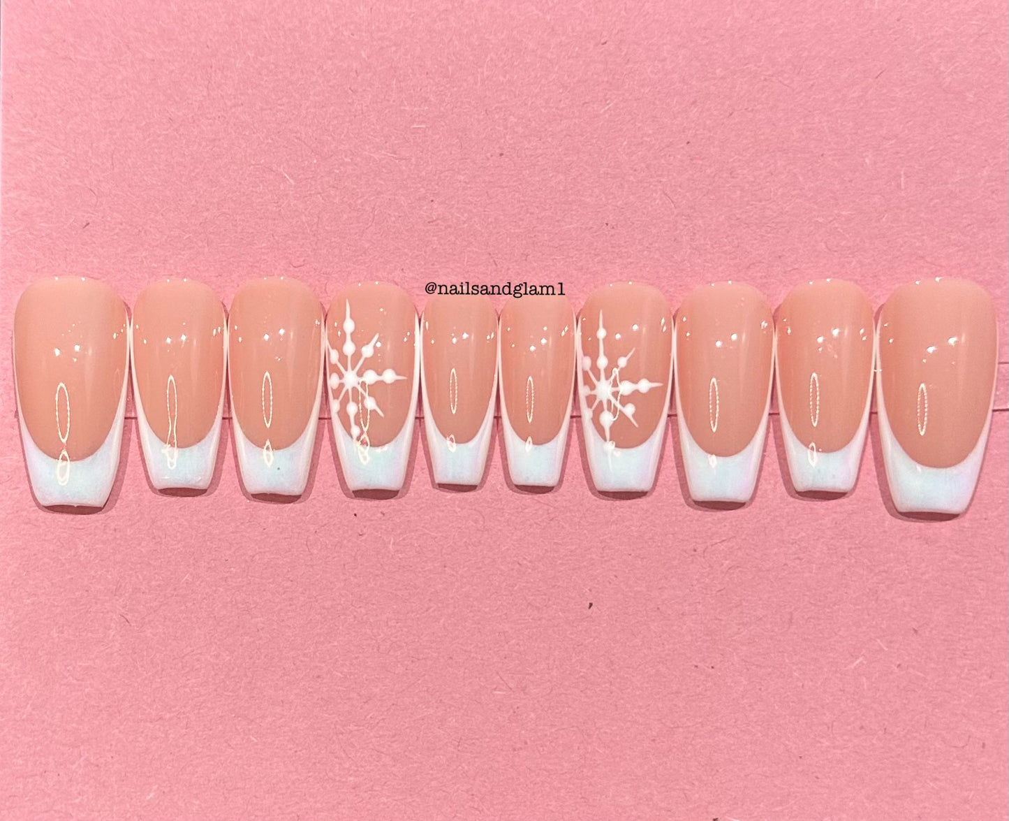 White Pearl French Tips with Snowflakes | Christmas Nails | Press on Nails UK | Stick on Nails | Reusable | Customised | Handmade | Set of 10