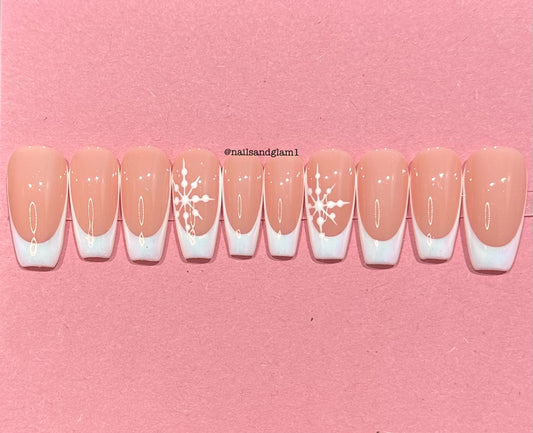 White Pearl French Tips with Snowflakes | Christmas Nails | Press on Nails UK | Stick on Nails | Reusable | Customised | Handmade | Set of 10