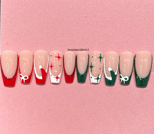 Red & Green Christmas French Tips | Christmas Nails | Press on Nails UK | Stick on Nails | Reusable | Customised | Handmade | Set of 10