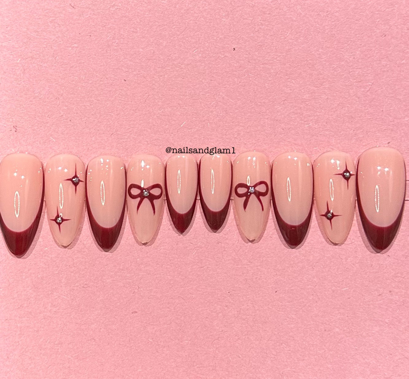 Maroon French Tips with Bows & Stars | Christmas Nails | Press on Nails UK | Stick on Nails | Reusable | Customised | Handmade | Set of 10