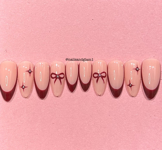 Maroon French Tips with Bows & Stars | Christmas Nails | Press on Nails UK | Stick on Nails | Reusable | Customised | Handmade | Set of 10