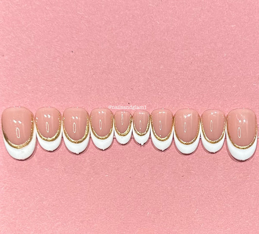 White French Tips with Gold Outline | Christmas Nails | Press on Nails UK | Stick on Nails | Reusable | Customised | Handmade | Set of 10