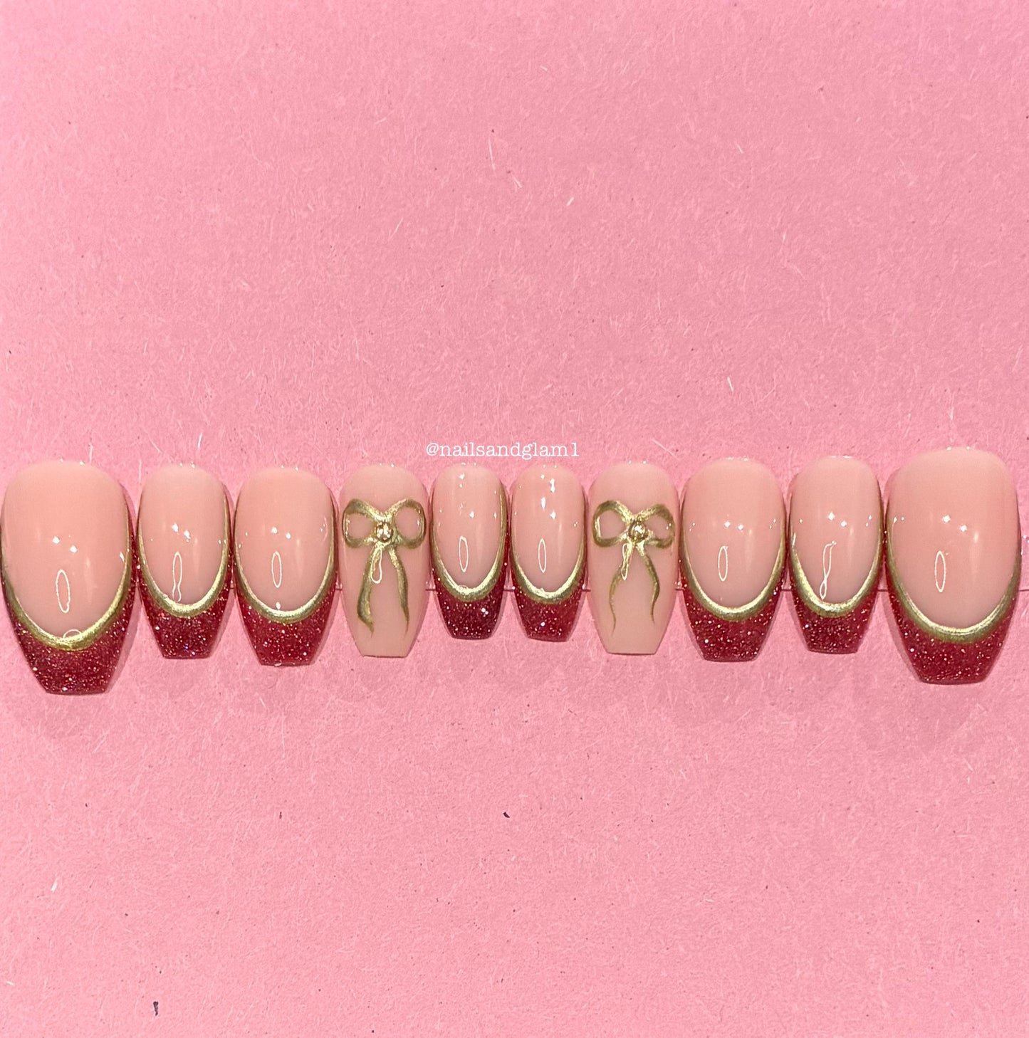 Red Reflective Glitter French Tips with Gold Outline & Bows | Christmas Nails | Press on Nails UK | Stick on Nails | Reusable | Customised | Handmade | Set of 10