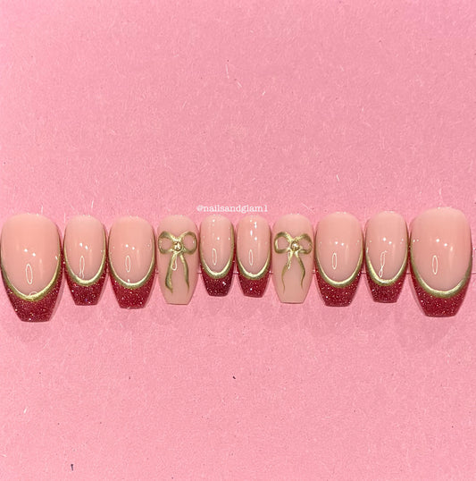 Red Reflective Glitter French Tips with Gold Outline & Bows | Christmas Nails | Press on Nails UK | Stick on Nails | Reusable | Customised | Handmade | Set of 10