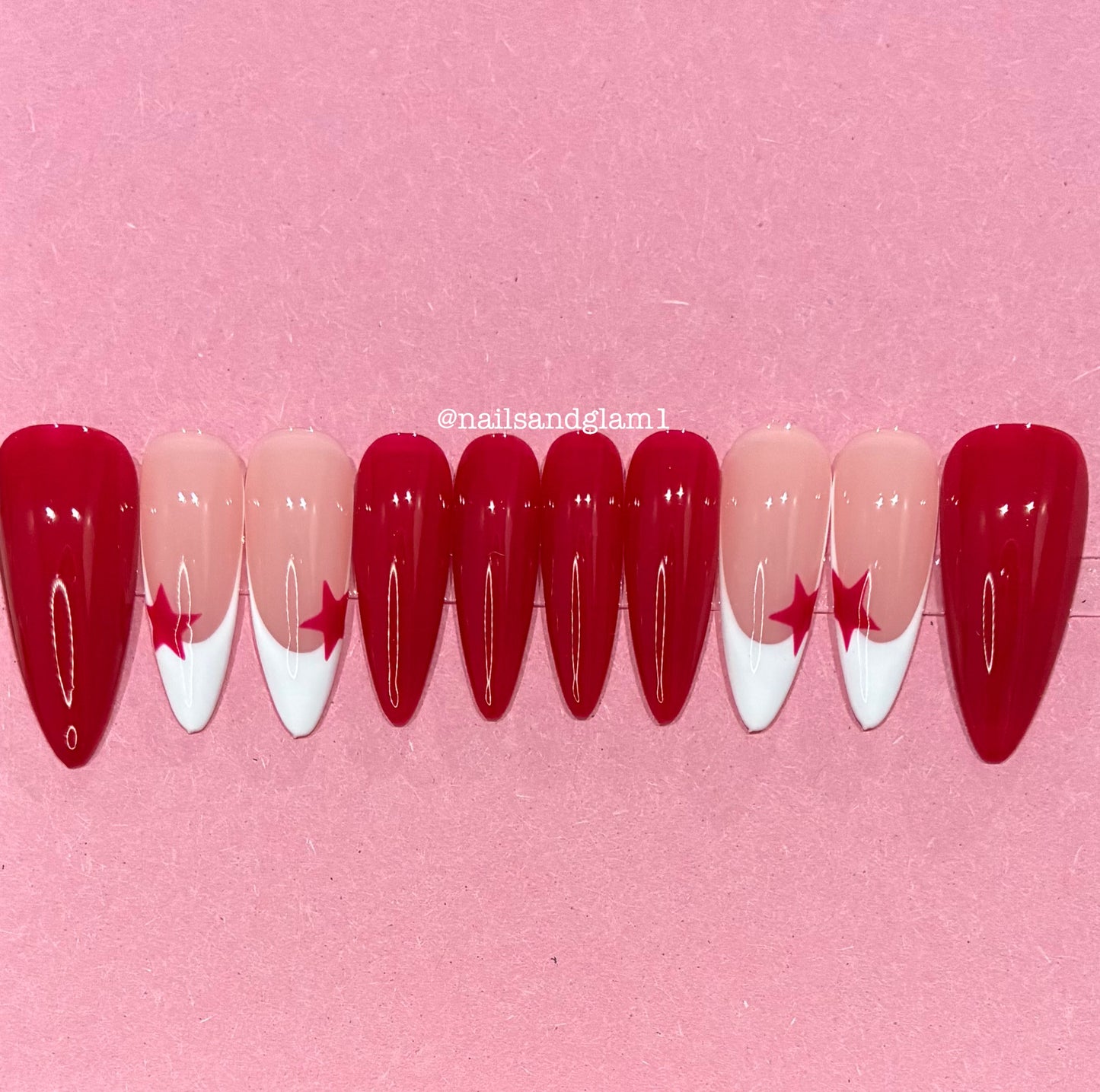 White French Tips with Red Stars | Christmas Nails | Press on Nails UK | Stick on Nails | Reusable | Customised | Handmade | Set of 10