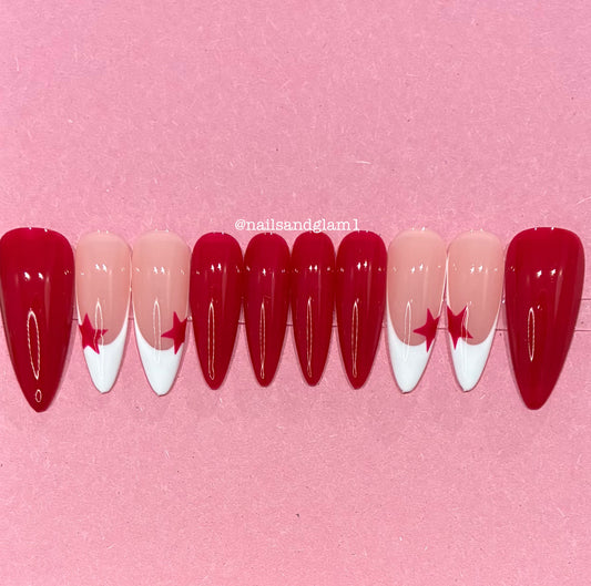 White French Tips with Red Stars | Christmas Nails | Press on Nails UK | Stick on Nails | Reusable | Customised | Handmade | Set of 10