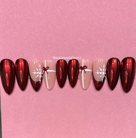 Red Chrome French Tips with Snowflakes & Bows | Christmas Nails | Press on Nails UK | Stick on Nails | Reusable | Customised | Handmade | Set of 10