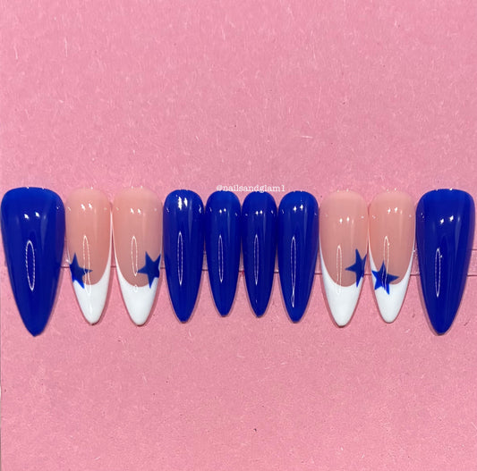 White French Tips with Blue Stars | Christmas Nails | Press on Nails UK | Stick on Nails | Reusable | Customised | Handmade | Set of 10