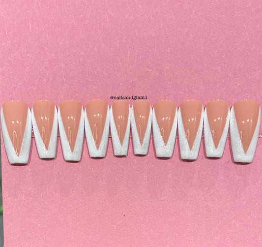 White Glitter V-Tips | Christmas Nails | Press on Nails UK | Stick on Nails | Reusable | Customised | Handmade | Set of 10