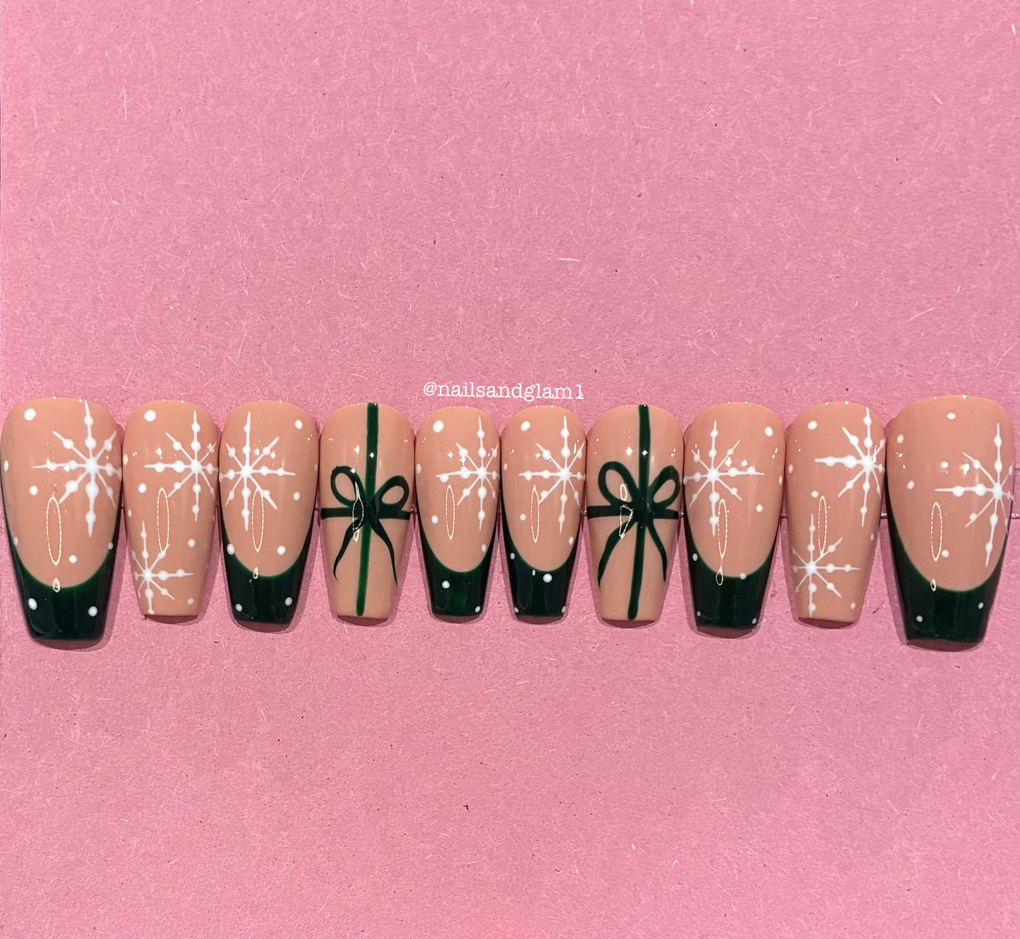 Green French Tips with Snowflakes & Bows | Christmas Nails | Press on Nails UK | Stick on Nails | Reusable | Customised | Handmade | Set of 10