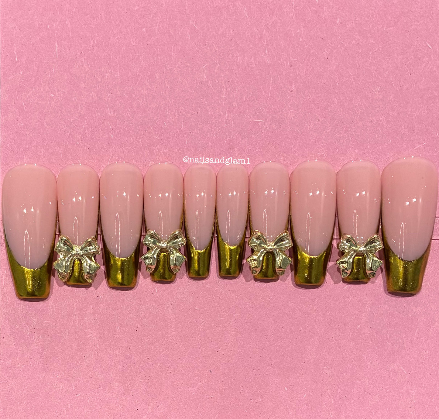 Gold Chrome French Tips with Bow Charms | Christmas Nails | Press on Nails UK | Stick on Nails | Reusable | Customised | Handmade | Set of 10