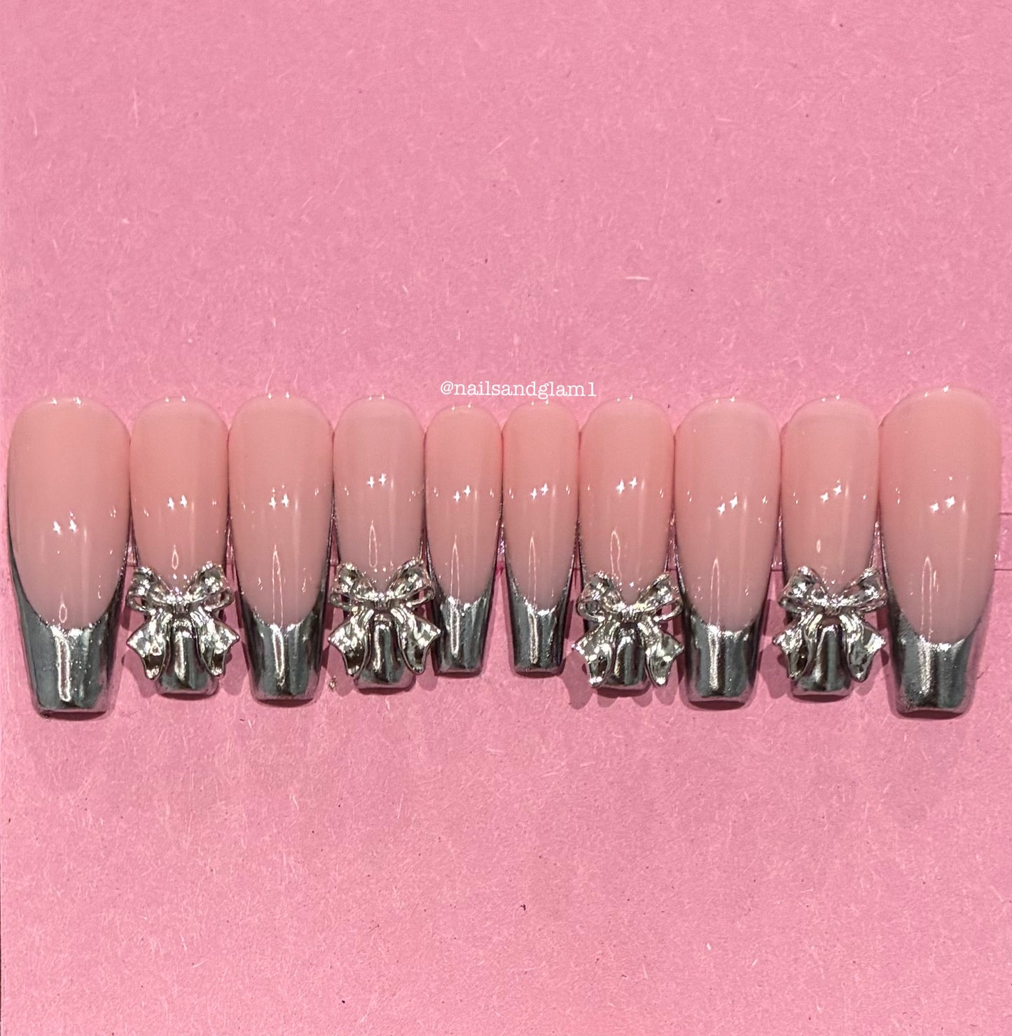 Silver Chrome French Tips with Bow Charms | Christmas Nails | Press on Nails UK | Stick on Nails | Reusable | Customised | Handmade | Set of 10
