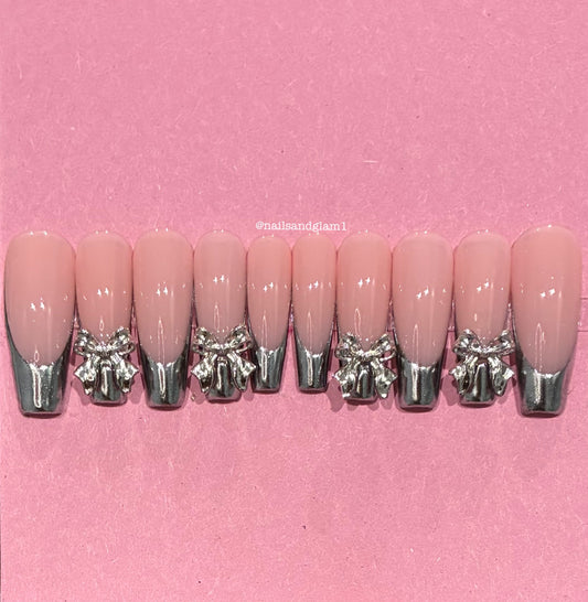 Silver Chrome French Tips with Bow Charms | Christmas Nails | Press on Nails UK | Stick on Nails | Reusable | Customised | Handmade | Set of 10