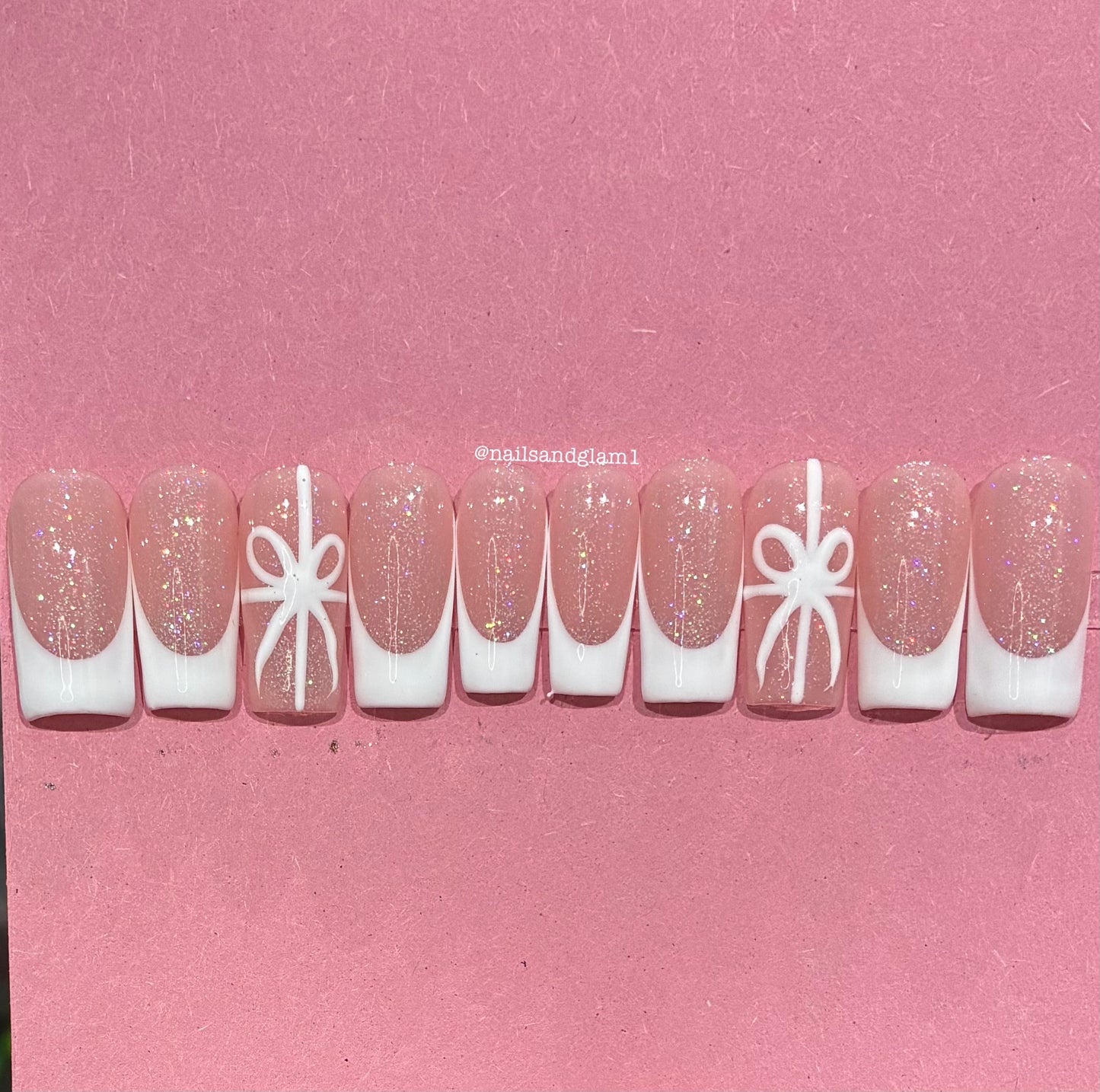 White French Tips with Bows | Christmas Nails | Press on Nails UK | Stick on Nails | Reusable | Customised | Handmade | Set of 10
