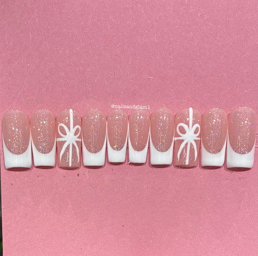 White French Tips with Bows | Christmas Nails | Press on Nails UK | Stick on Nails | Reusable | Customised | Handmade | Set of 10