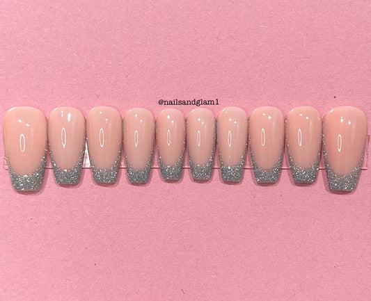 Silver Reflective Glitter French Tips | Christmas Nails | Press on Nails UK | Stick on Nails | Reusable | Customised | Handmade | Set of 10