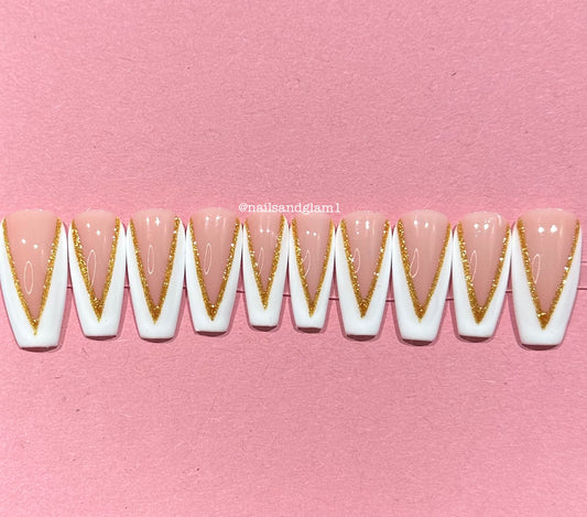 White V-Tips with Gold Glitter Outline | Christmas Nails | Press on Nails UK | Stick on Nails | Reusable | Customised | Handmade | Set of 10