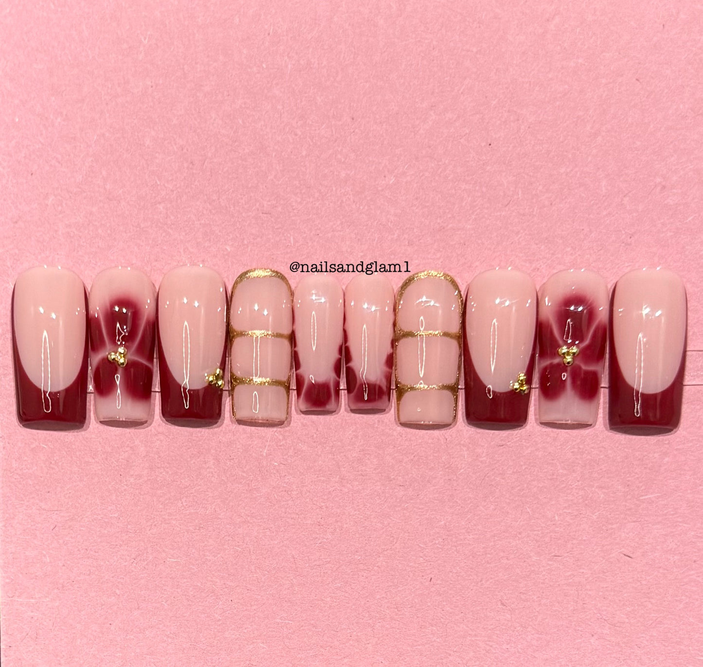 Maroon French Tips with Flowers & Gold Details | Press on Nails UK | Stick on Nails | Reusable | Customised | Handmade | Set of 10