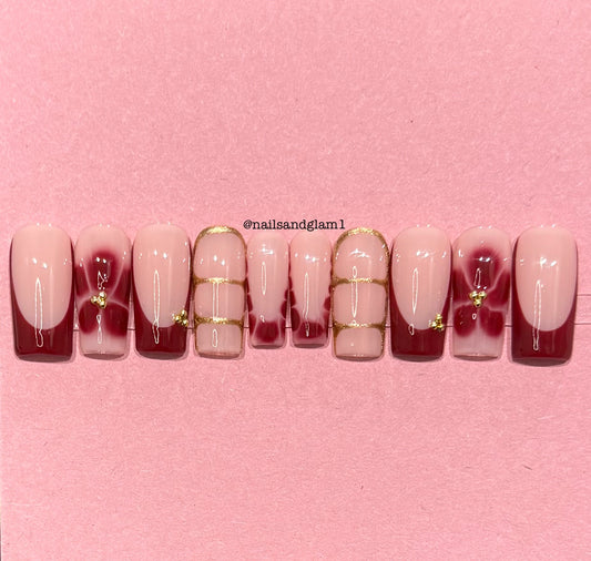 Maroon French Tips with Flowers & Gold Details | Press on Nails UK | Stick on Nails | Reusable | Customised | Handmade | Set of 10