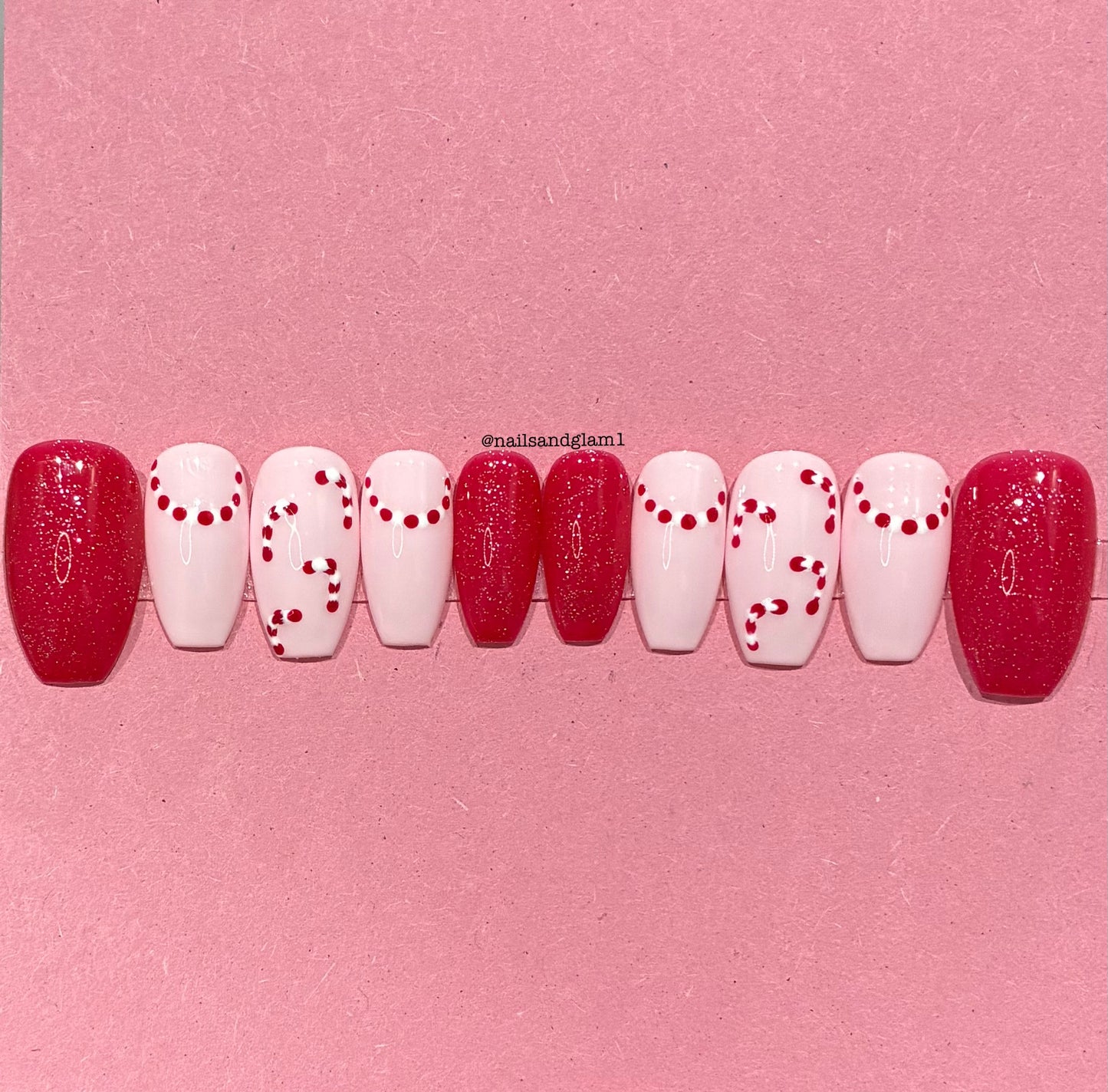 Red Glitter Nails with Candycanes | Christmas Nails | Press on Nails UK | Stick on Nails | Reusable | Customised | Handmade | Set of 10