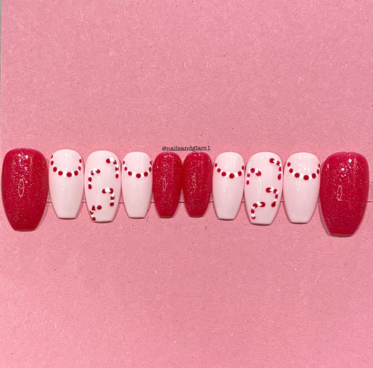 Red Glitter Nails with Candycanes | Christmas Nails | Press on Nails UK | Stick on Nails | Reusable | Customised | Handmade | Set of 10